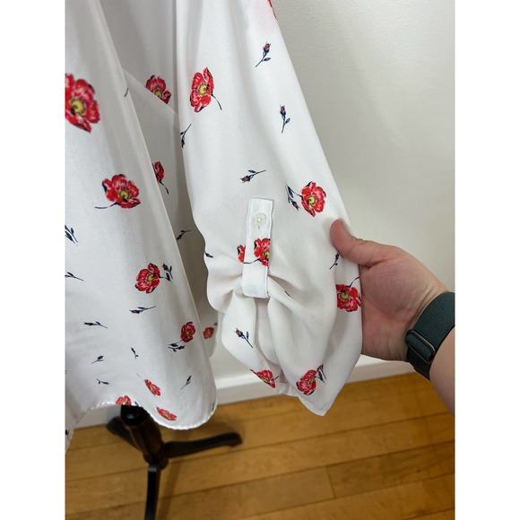 Maurices Semi Sheer white and red floral long sleeve V-neck Blouse - Picture 7 of 12